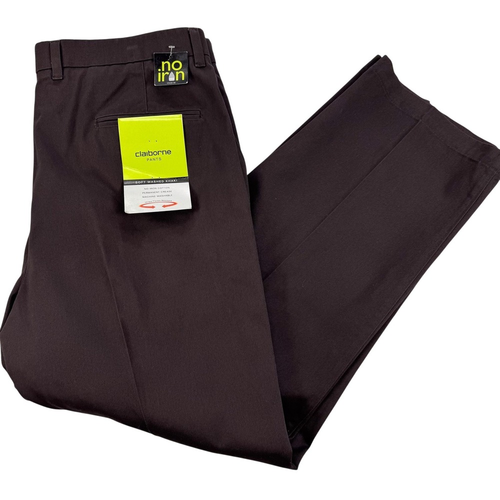 Claiborne Soft Washed Khaki Pants Mens 38x30 Brown No Iron Pleated CTCL632 NEW